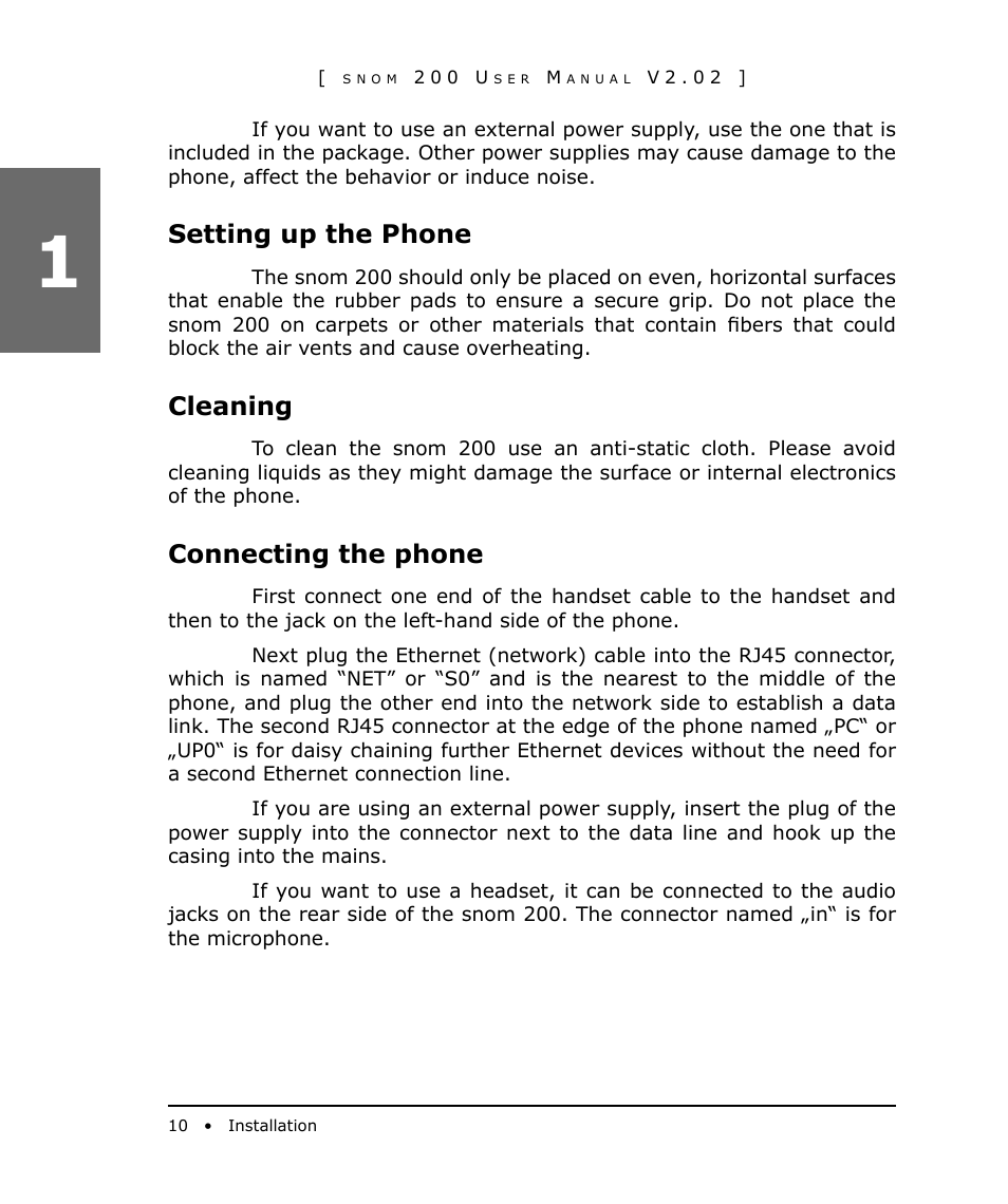 Setting up the phone, Cleaning, Connecting the phone | Snom 200 User Manual | Page 10 / 70