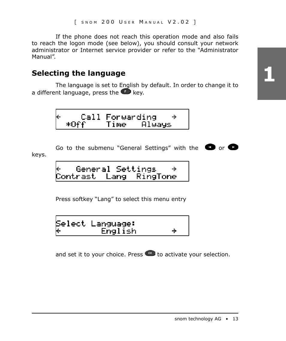 Selecting the language | Snom 200 User Manual | Page 13 / 70