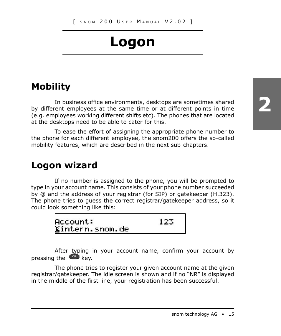 Logon, Mobility, Logon wizard | Snom 200 User Manual | Page 15 / 70