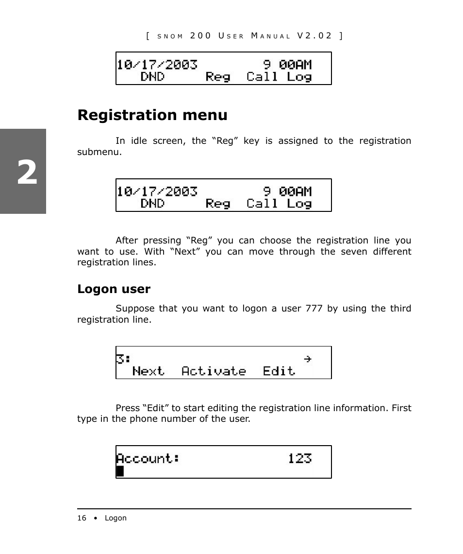 Registration menu, Logon user | Snom 200 User Manual | Page 16 / 70