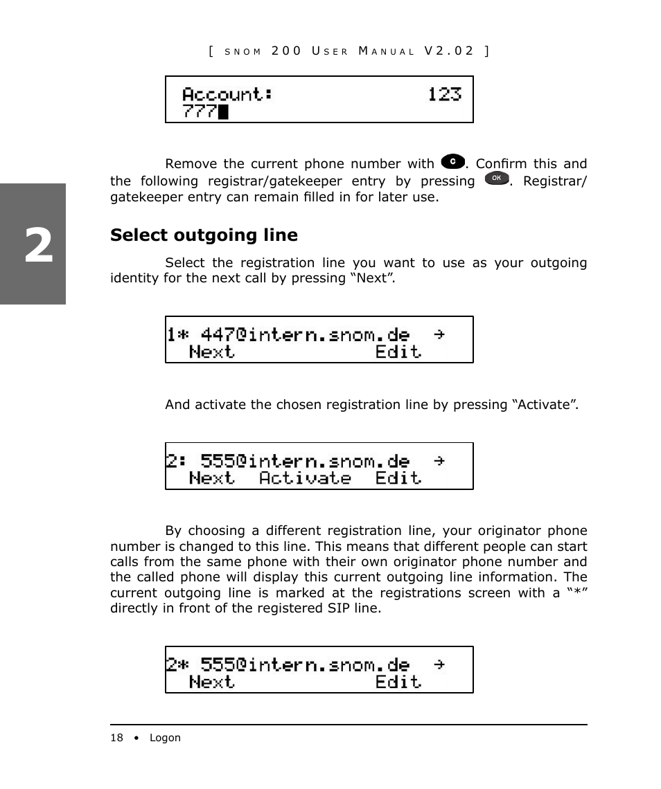 Select outgoing line | Snom 200 User Manual | Page 18 / 70