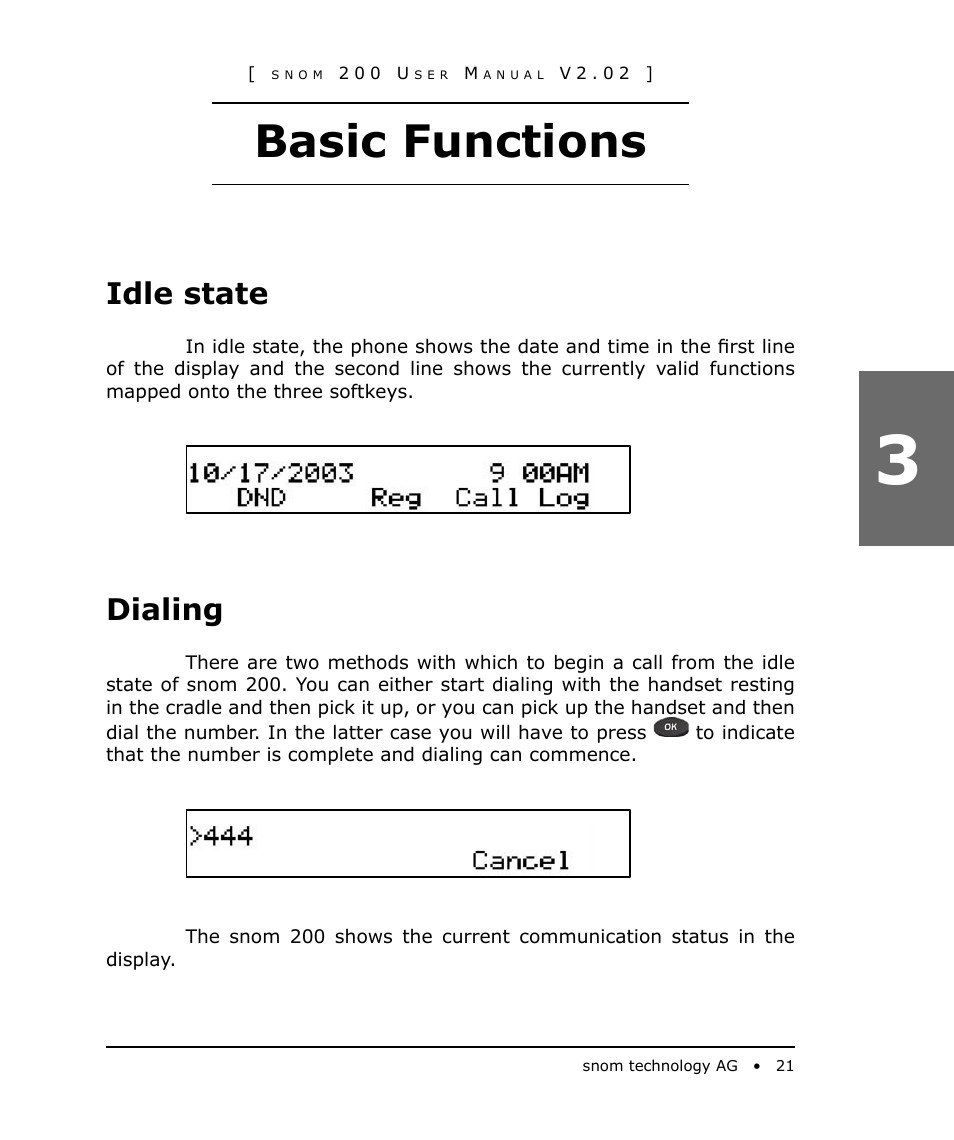 Basic functions, Idle state, Dialing | Snom 200 User Manual | Page 21 / 70