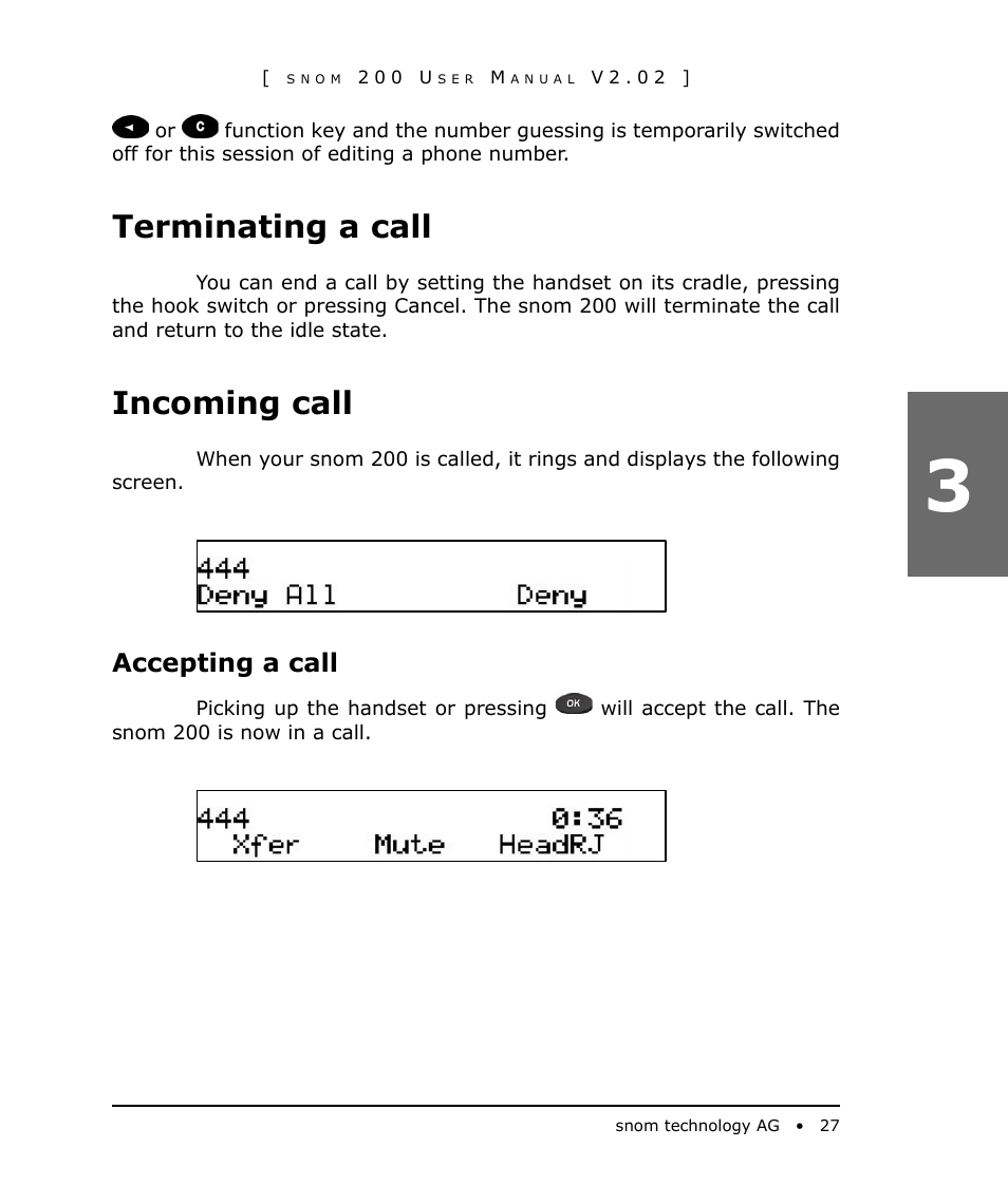 Terminating a call, Incoming call, Accepting a call | Snom 200 User Manual | Page 27 / 70