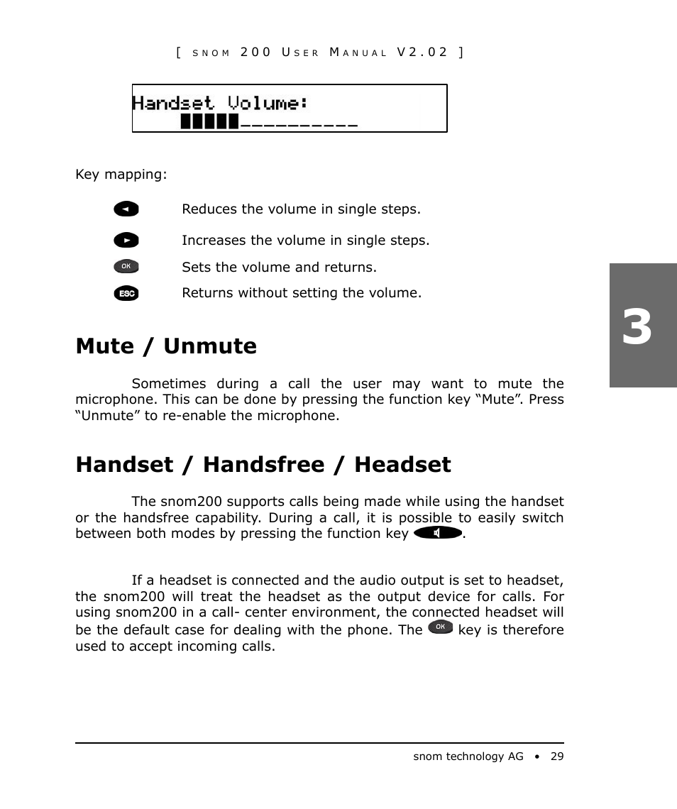 Mute / unmute, Handset / handsfree / headset | Snom 200 User Manual | Page 29 / 70