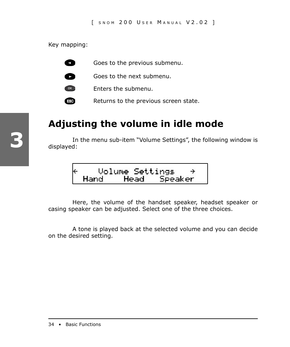 Adjusting the volume in idle mode | Snom 200 User Manual | Page 34 / 70