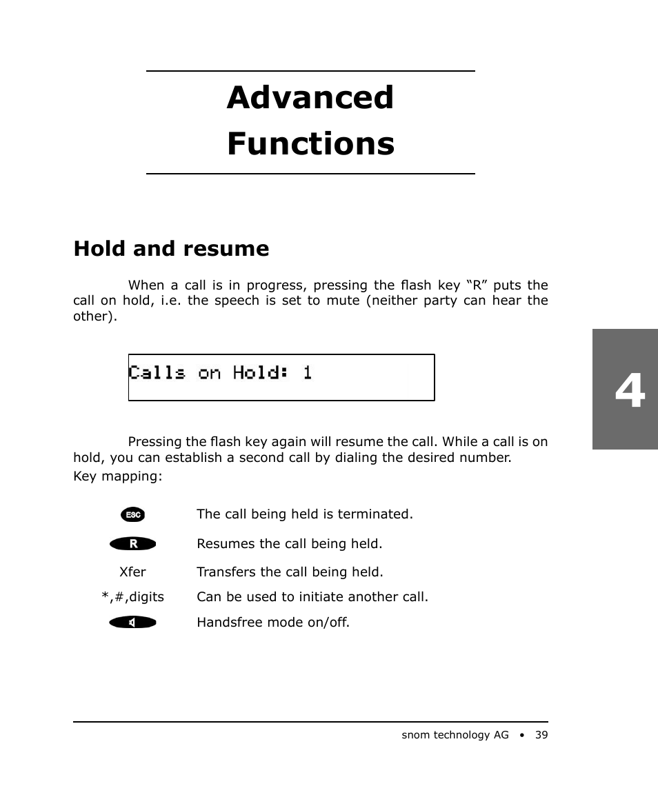 Advanced functions, Hold and resume | Snom 200 User Manual | Page 39 / 70