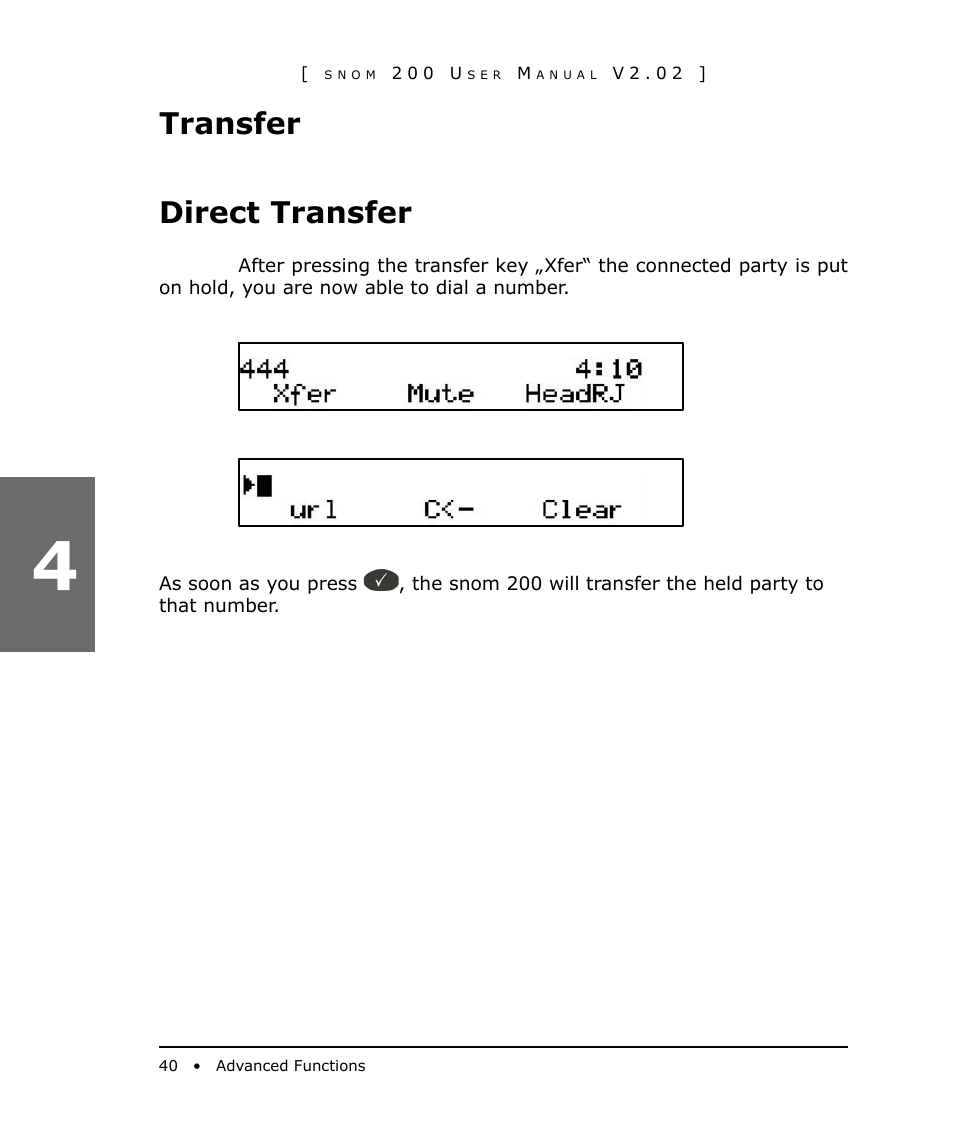 Transfer, Direct transfer, Transfer direct transfer | Snom 200 User Manual | Page 40 / 70