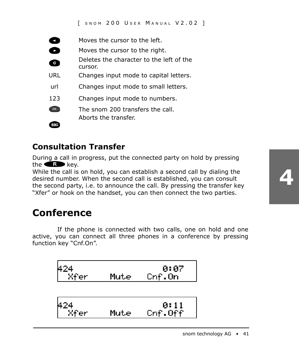 Consultation transfer, Conference | Snom 200 User Manual | Page 41 / 70