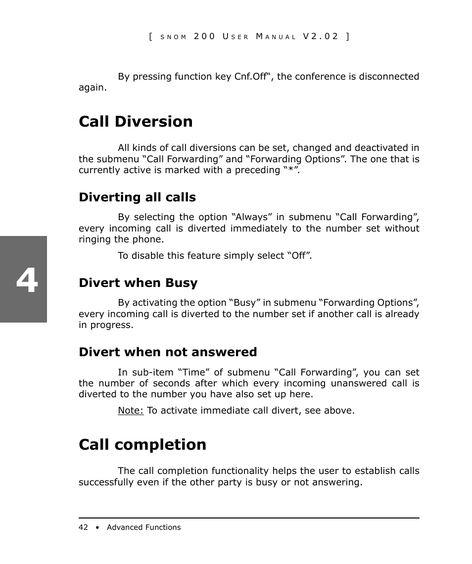 Call diversion, Diverting all calls, Divert when busy | Divert when not answered, Call completion | Snom 200 User Manual | Page 42 / 70