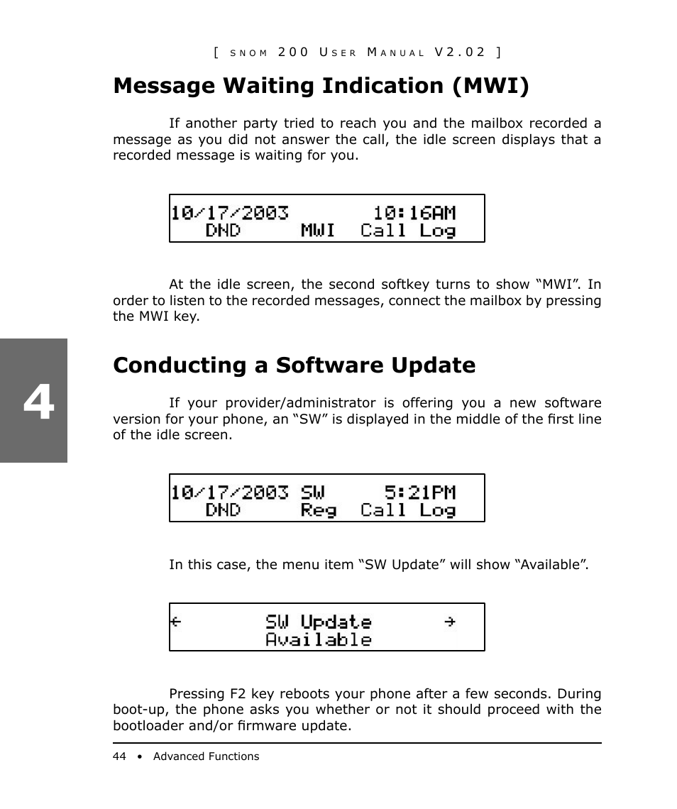 Message waiting indication (mwi), Conducting a software update | Snom 200 User Manual | Page 44 / 70