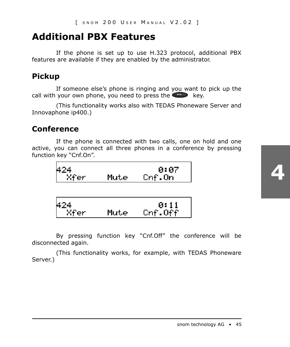 Additional pbx features, Pickup, Conference | Snom 200 User Manual | Page 45 / 70