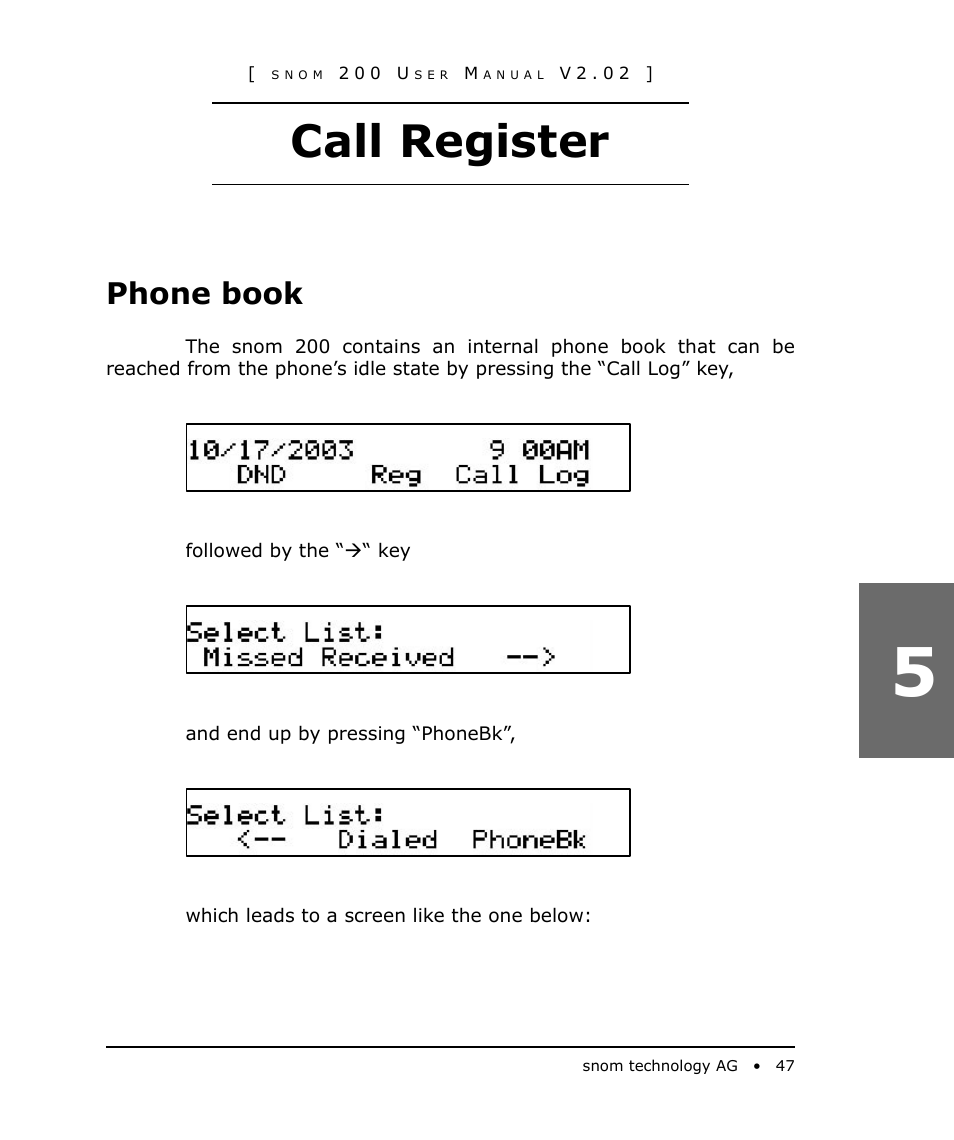 Call register, Phone book | Snom 200 User Manual | Page 47 / 70