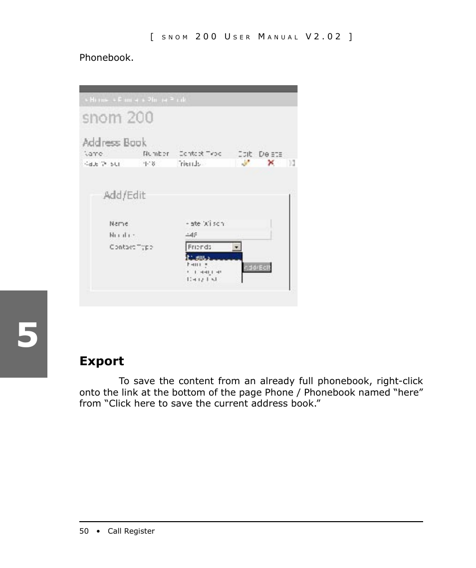 Export | Snom 200 User Manual | Page 50 / 70