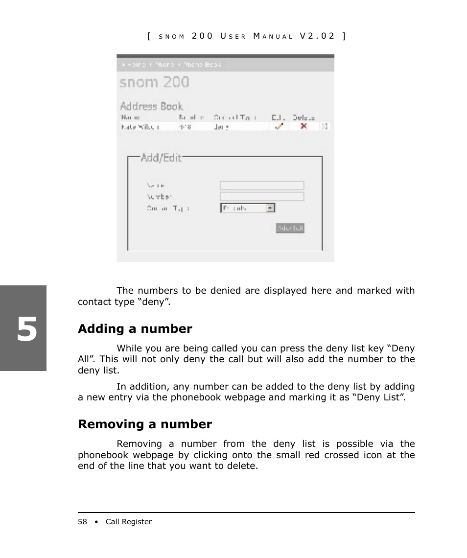 Adding a number, Removing a number | Snom 200 User Manual | Page 58 / 70
