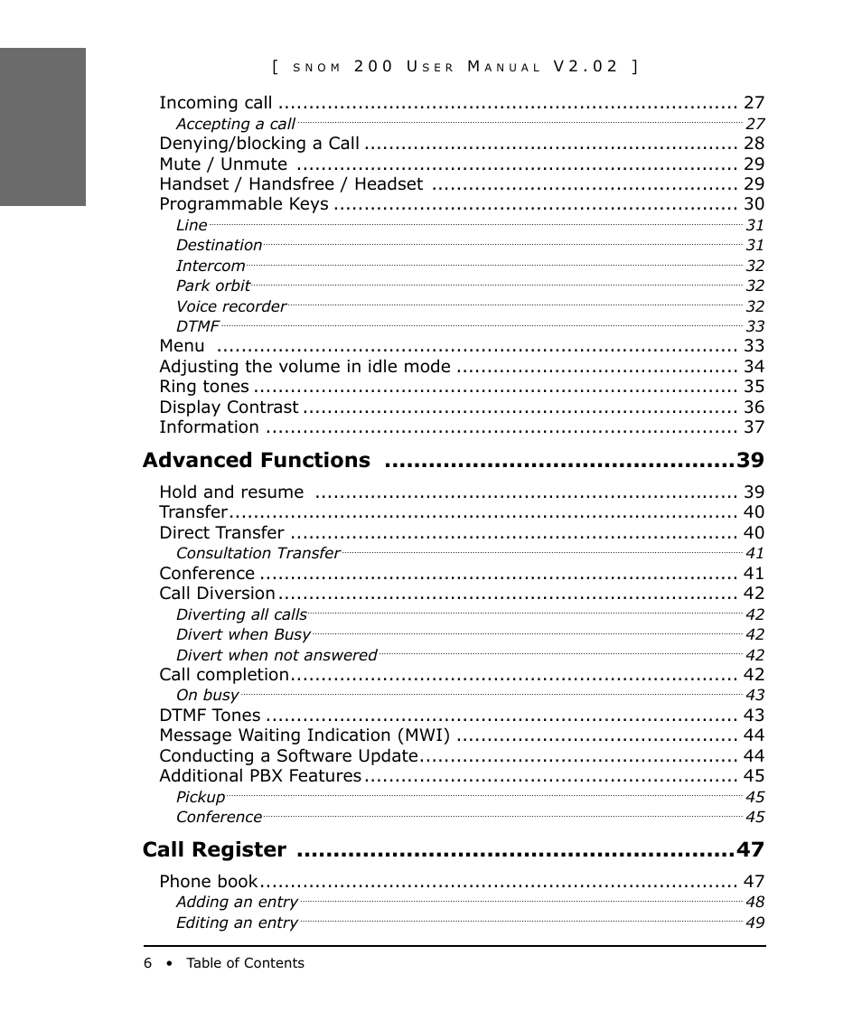 Advanced functions, Call register | Snom 200 User Manual | Page 6 / 70