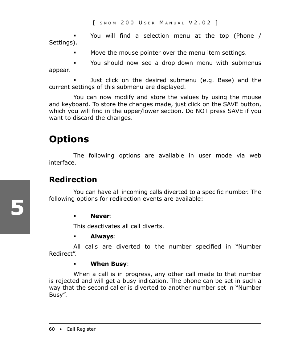 Options, Redirection | Snom 200 User Manual | Page 60 / 70
