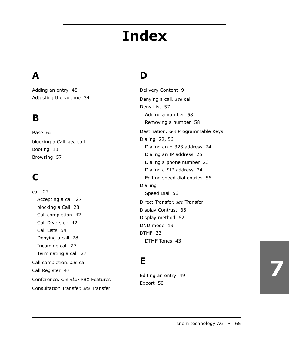 Index | Snom 200 User Manual | Page 65 / 70