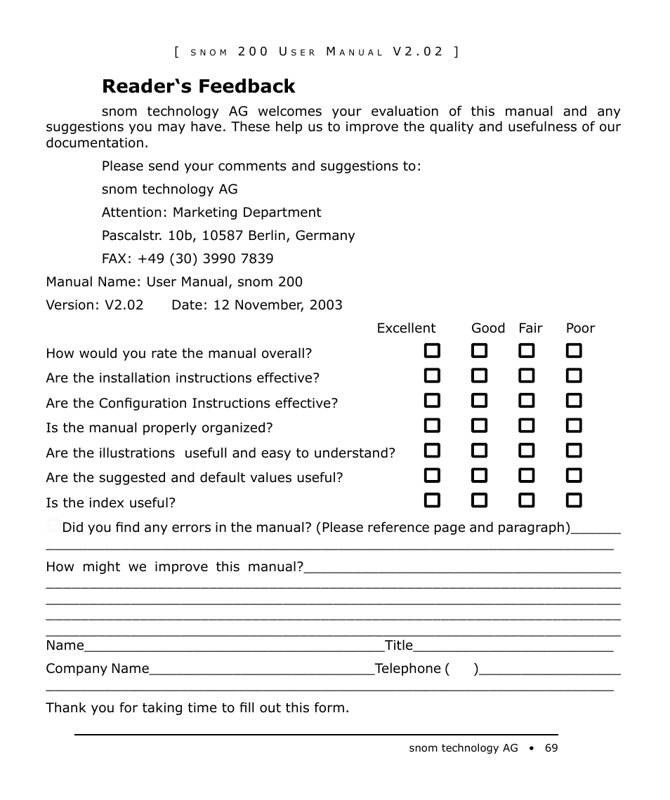 Reader‘s feedback | Snom 200 User Manual | Page 69 / 70