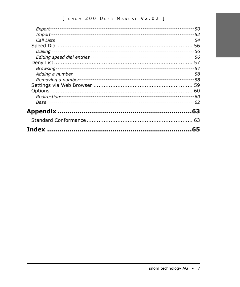 Appendix, Index | Snom 200 User Manual | Page 7 / 70