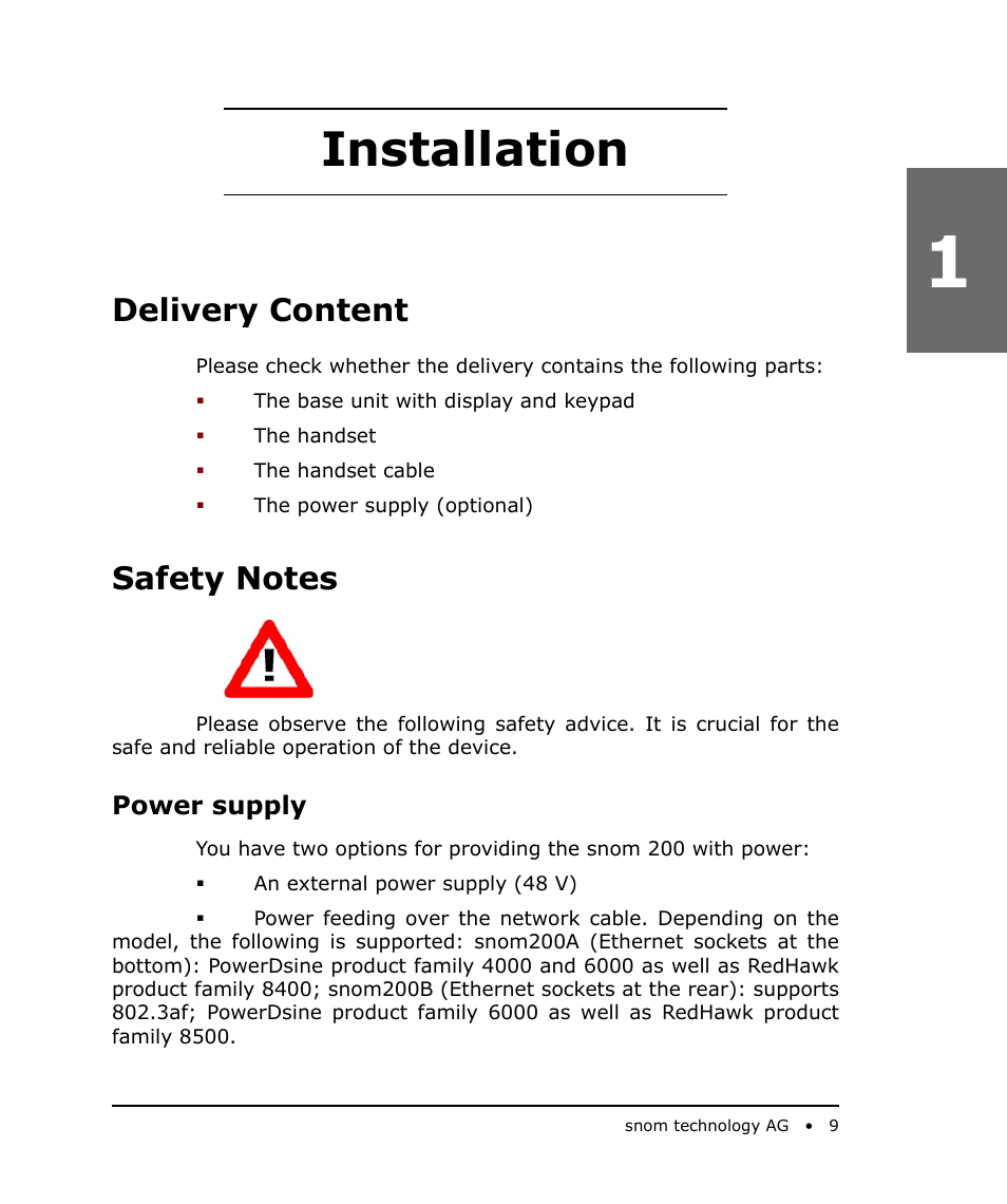 Installation, Delivery content, Safety notes | Power supply | Snom 200 User Manual | Page 9 / 70