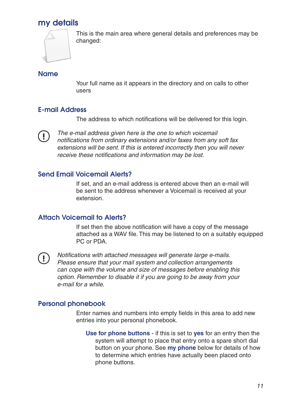 My details, Name, E-mail address | Send email voicemail alerts, Attach voicemail to alerts, Personal phonebook | Snom VoIP PABX User Manual | Page 11 / 36