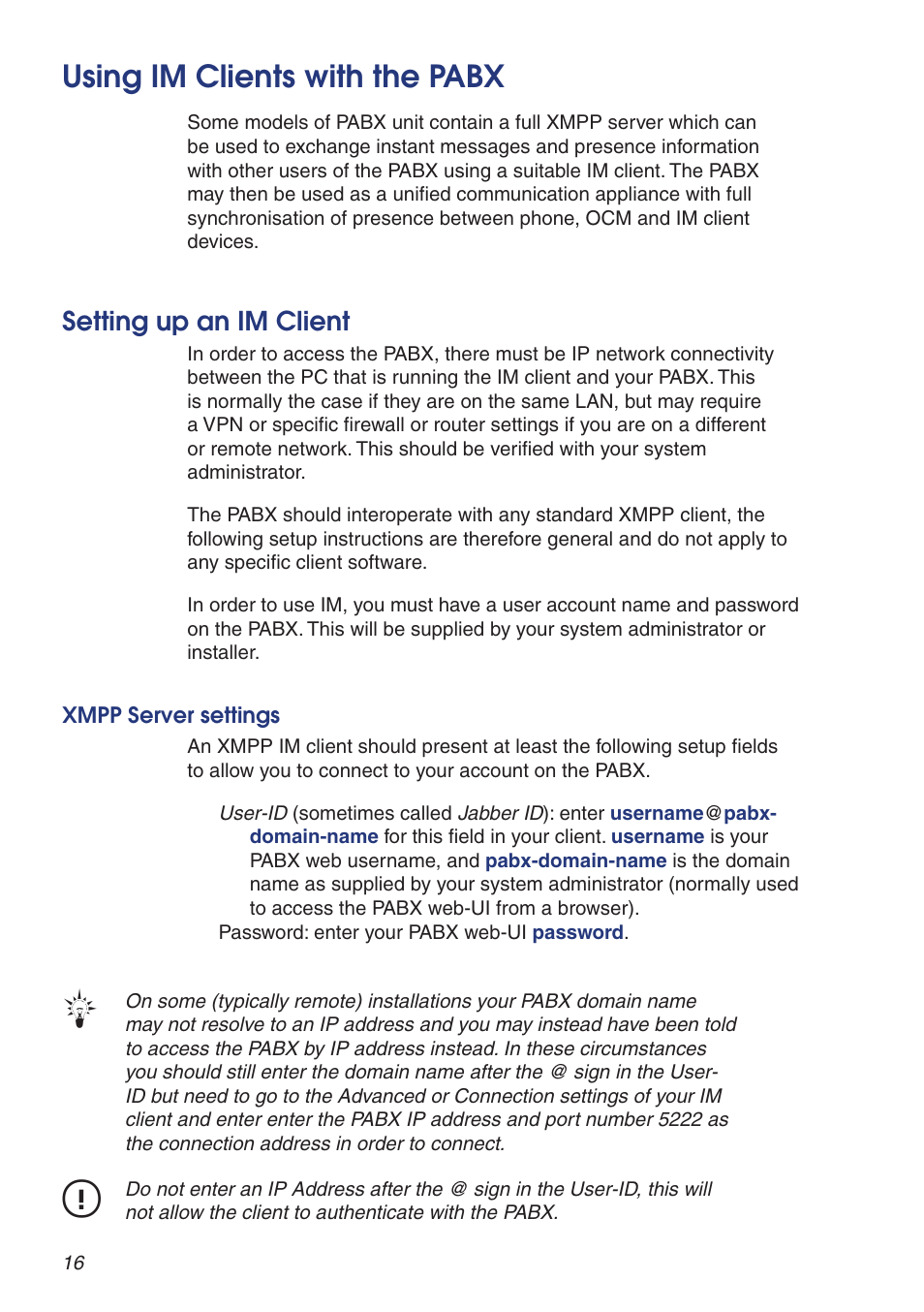 Using im clients with the pabx, Setting up an im client, Xmpp server settings | Snom VoIP PABX User Manual | Page 16 / 36