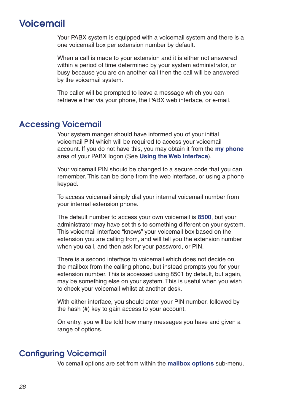 Voicemail, Accessing voicemail, Configuring voicemail | Snom VoIP PABX User Manual | Page 28 / 36