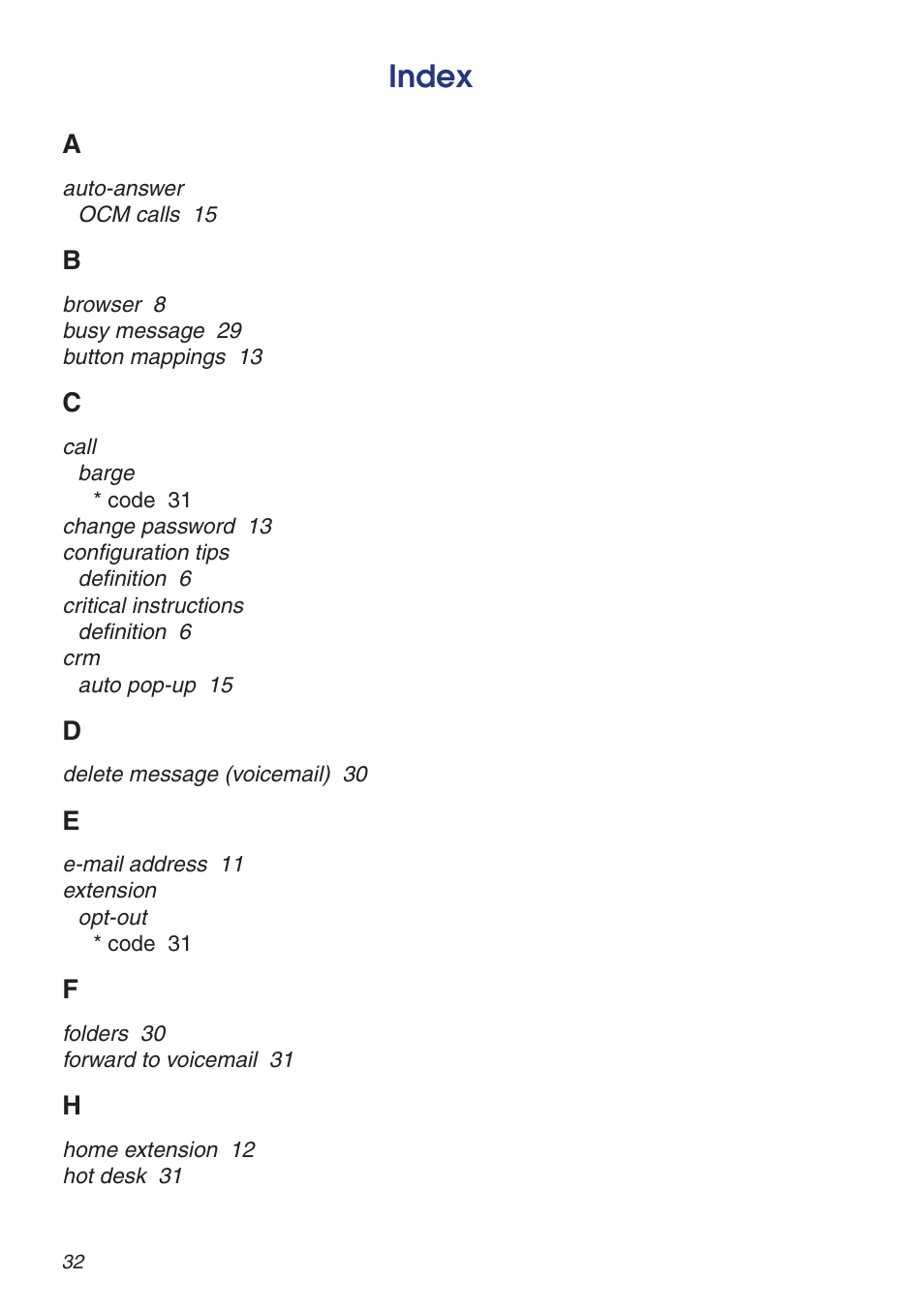 Index | Snom VoIP PABX User Manual | Page 32 / 36