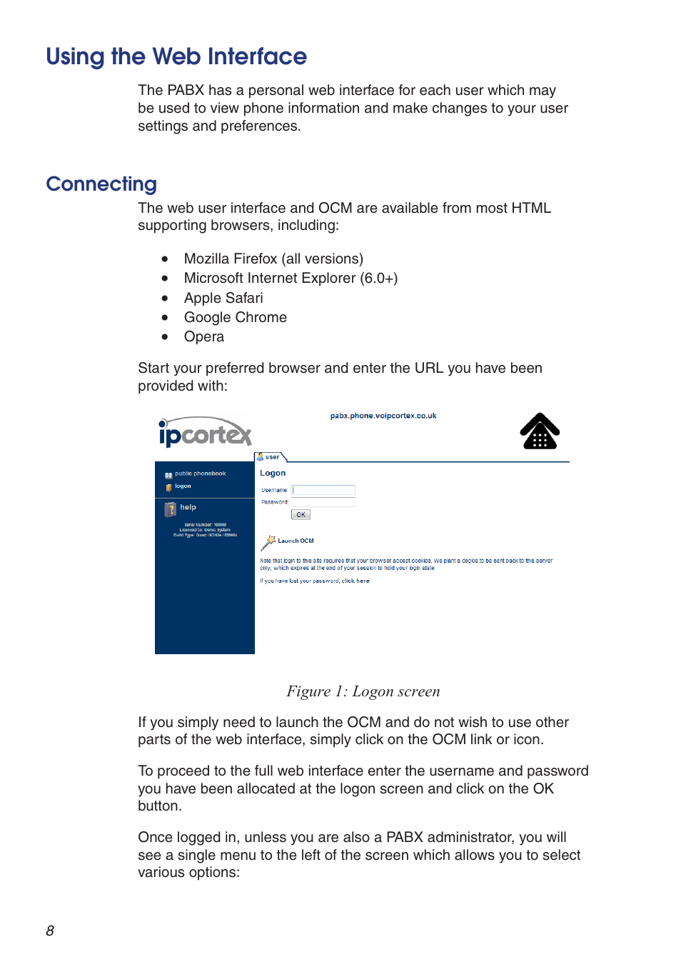 Using the web interface, Connecting | Snom VoIP PABX User Manual | Page 8 / 36