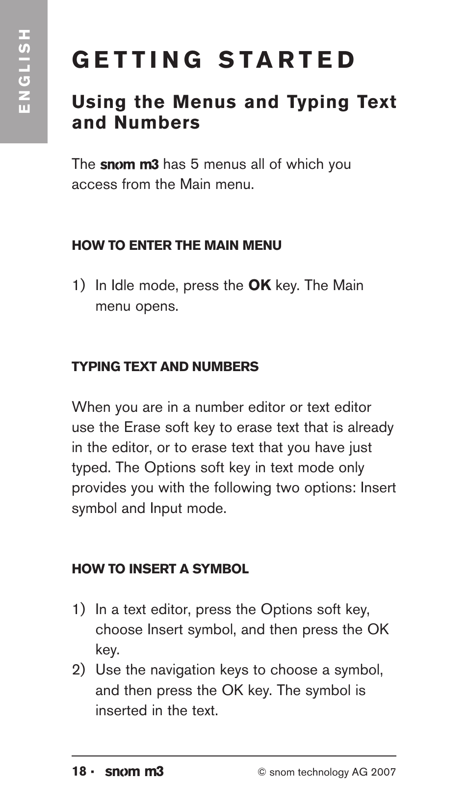 Using the menus and typing text and numbers | Snom M3 User Manual | Page 18 / 33