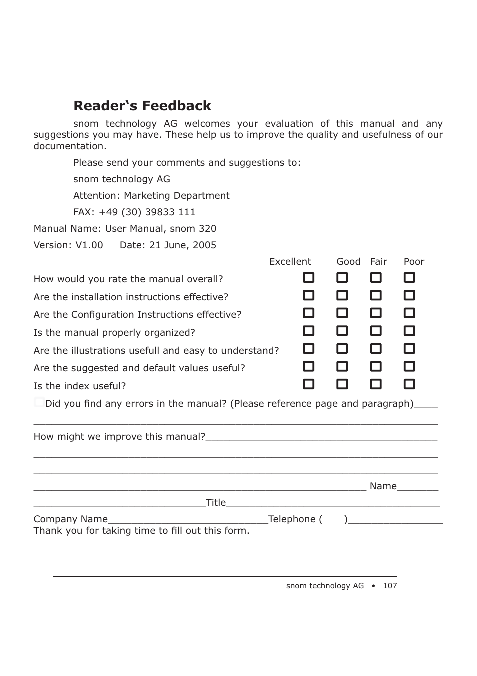 Reader‘s feedback | Snom 320 User Manual | Page 107 / 108