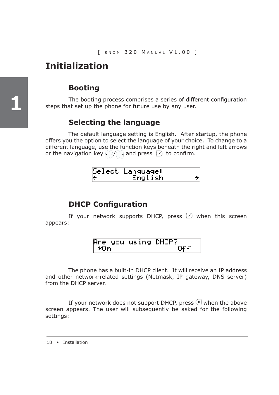 Initialization, Booting, Selecting the language | Dhcp conﬁ guration | Snom 320 User Manual | Page 18 / 108