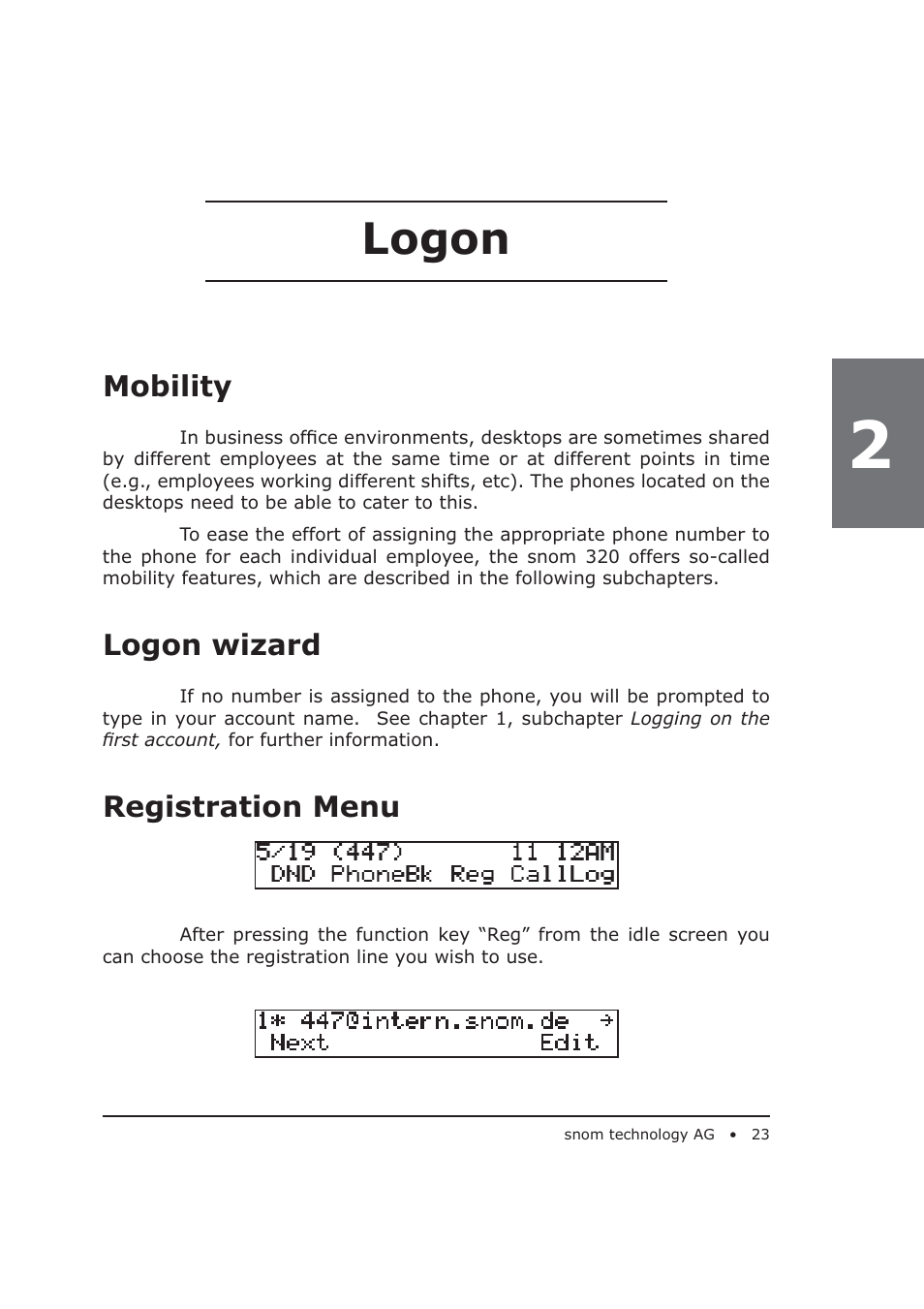 Logon, Mobility, Logon wizard | Registration menu | Snom 320 User Manual | Page 23 / 108