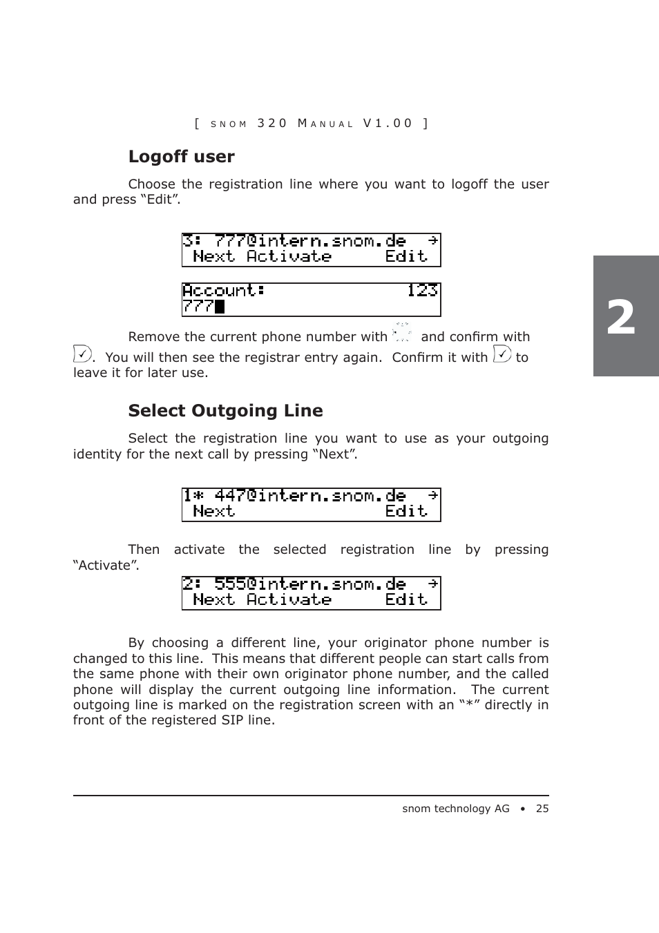 Logoff user, Select outgoing line | Snom 320 User Manual | Page 25 / 108
