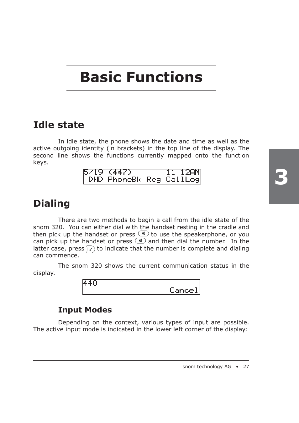 Basic functions, Idle state, Dialing | Snom 320 User Manual | Page 27 / 108