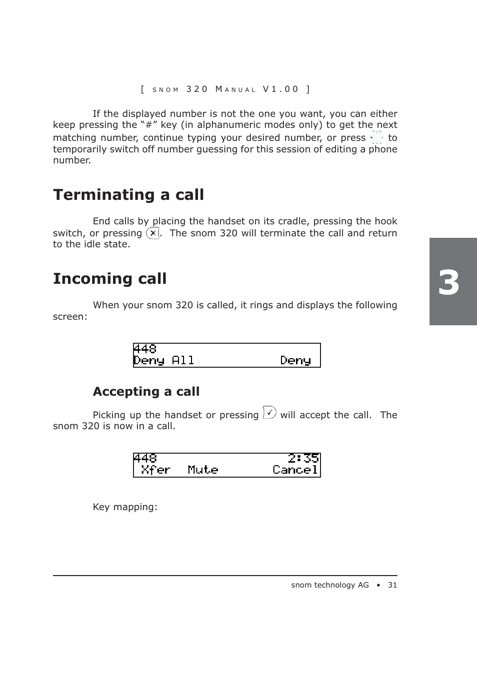 Terminating a call, Incoming call, Accepting a call | Snom 320 User Manual | Page 31 / 108