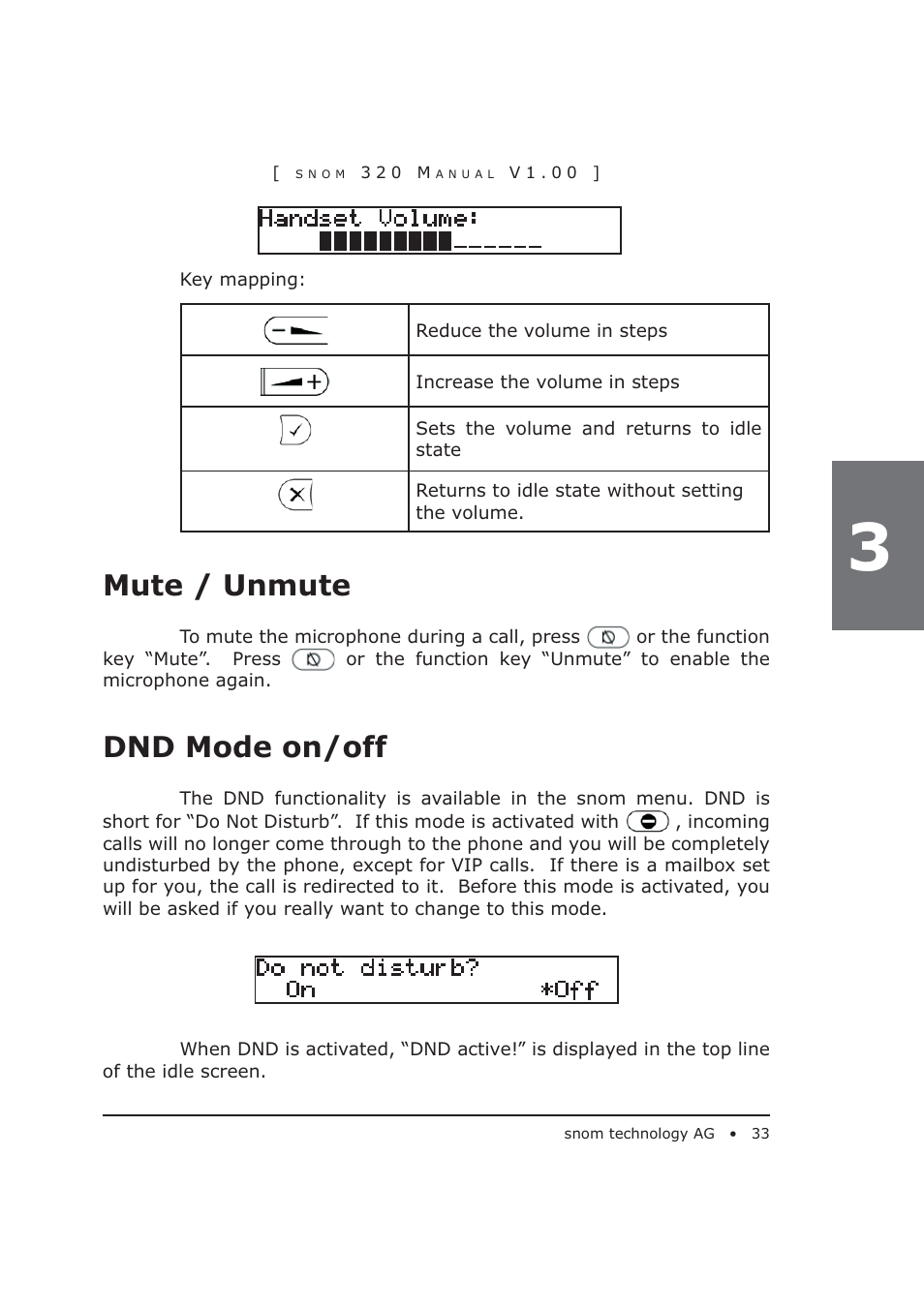 Mute / unmute, Dnd mode on/off | Snom 320 User Manual | Page 33 / 108