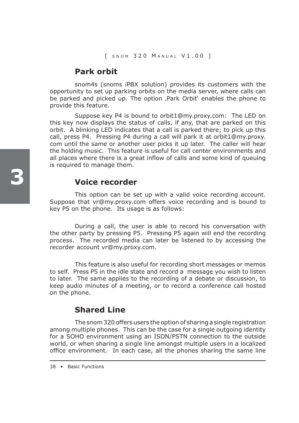 Park orbit, Voice recorder, Shared line | Snom 320 User Manual | Page 38 / 108