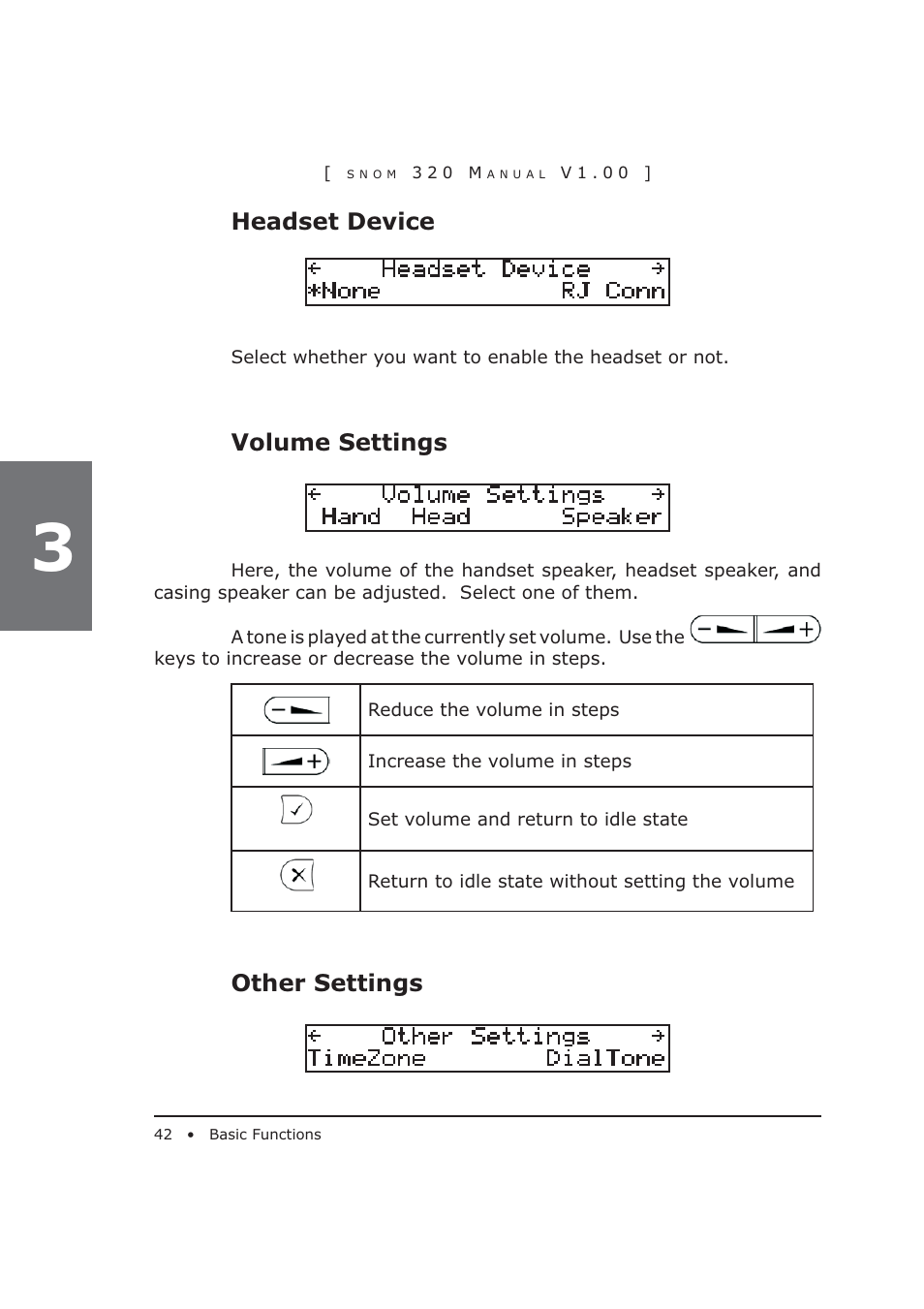 Headset device, Volume settings, Other settings | Snom 320 User Manual | Page 42 / 108