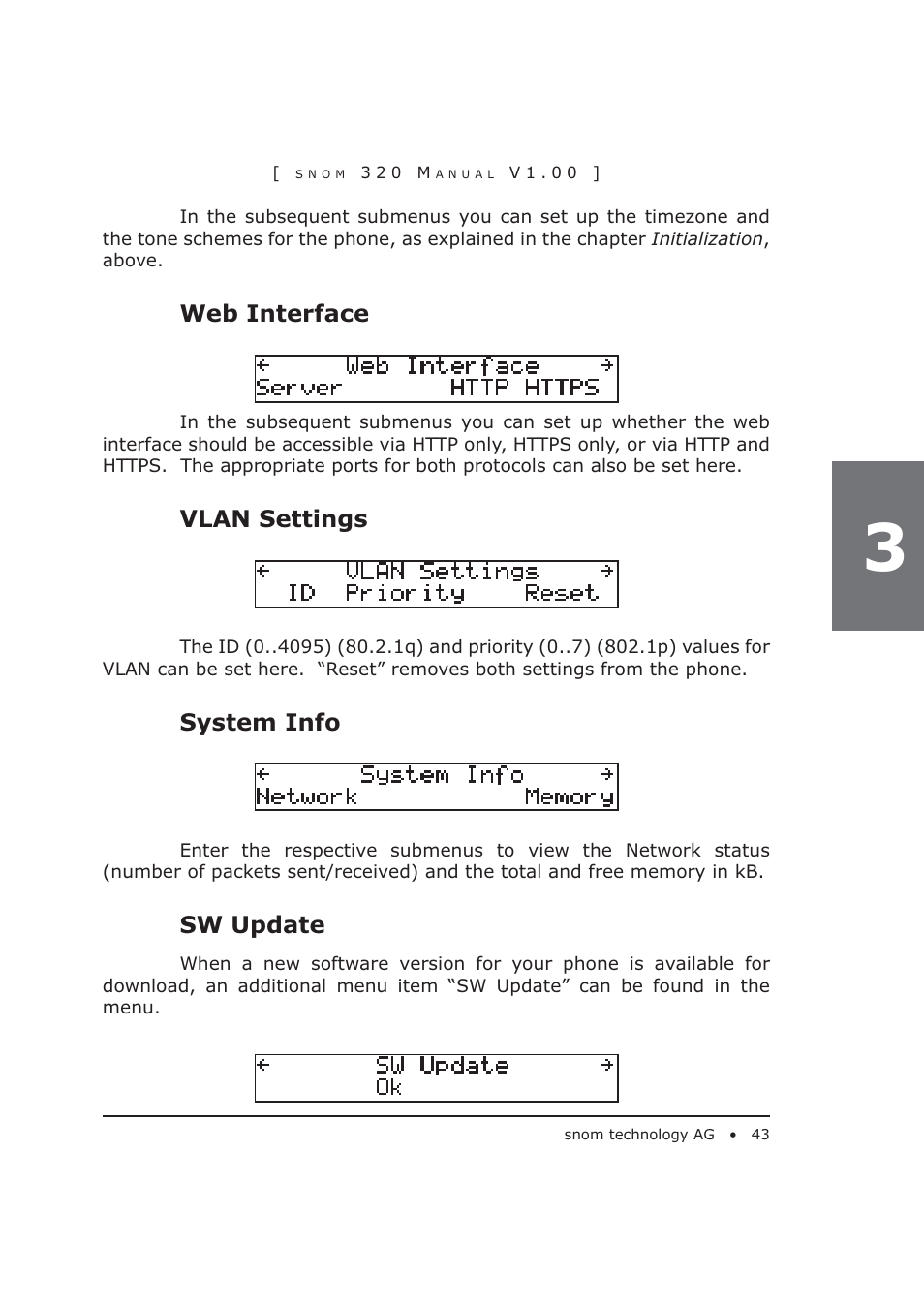 Web interface, Vlan settings, System info | Sw update | Snom 320 User Manual | Page 43 / 108