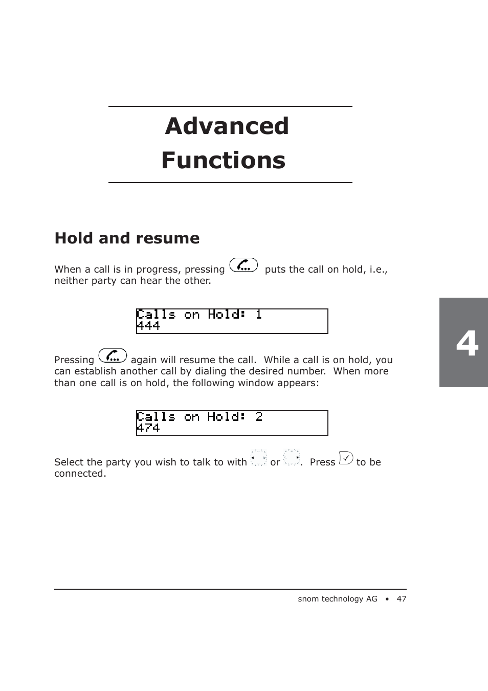 Advanced functions, Hold and resume | Snom 320 User Manual | Page 47 / 108