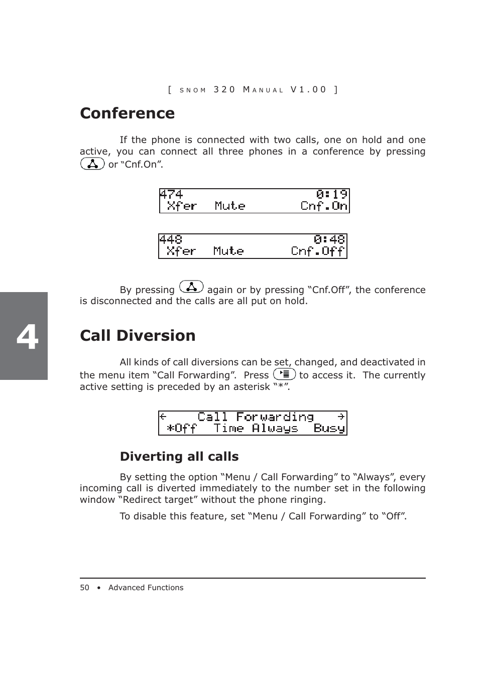 Conference, Call diversion, Diverting all calls | Snom 320 User Manual | Page 50 / 108