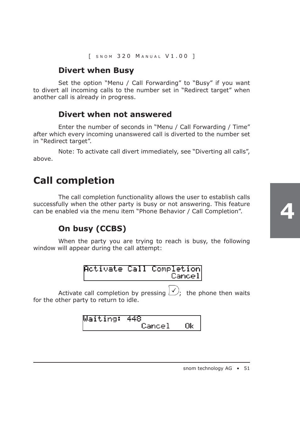 Call completion, Divert when busy, Divert when not answered | On busy (ccbs) | Snom 320 User Manual | Page 51 / 108