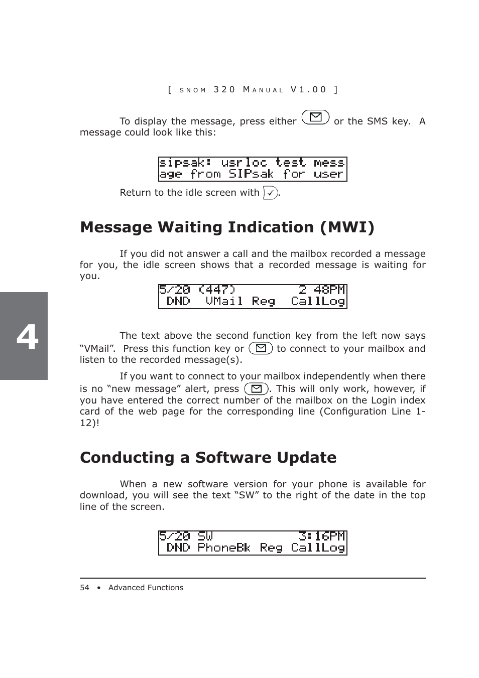 Message waiting indication (mwi), Conducting a software update | Snom 320 User Manual | Page 54 / 108