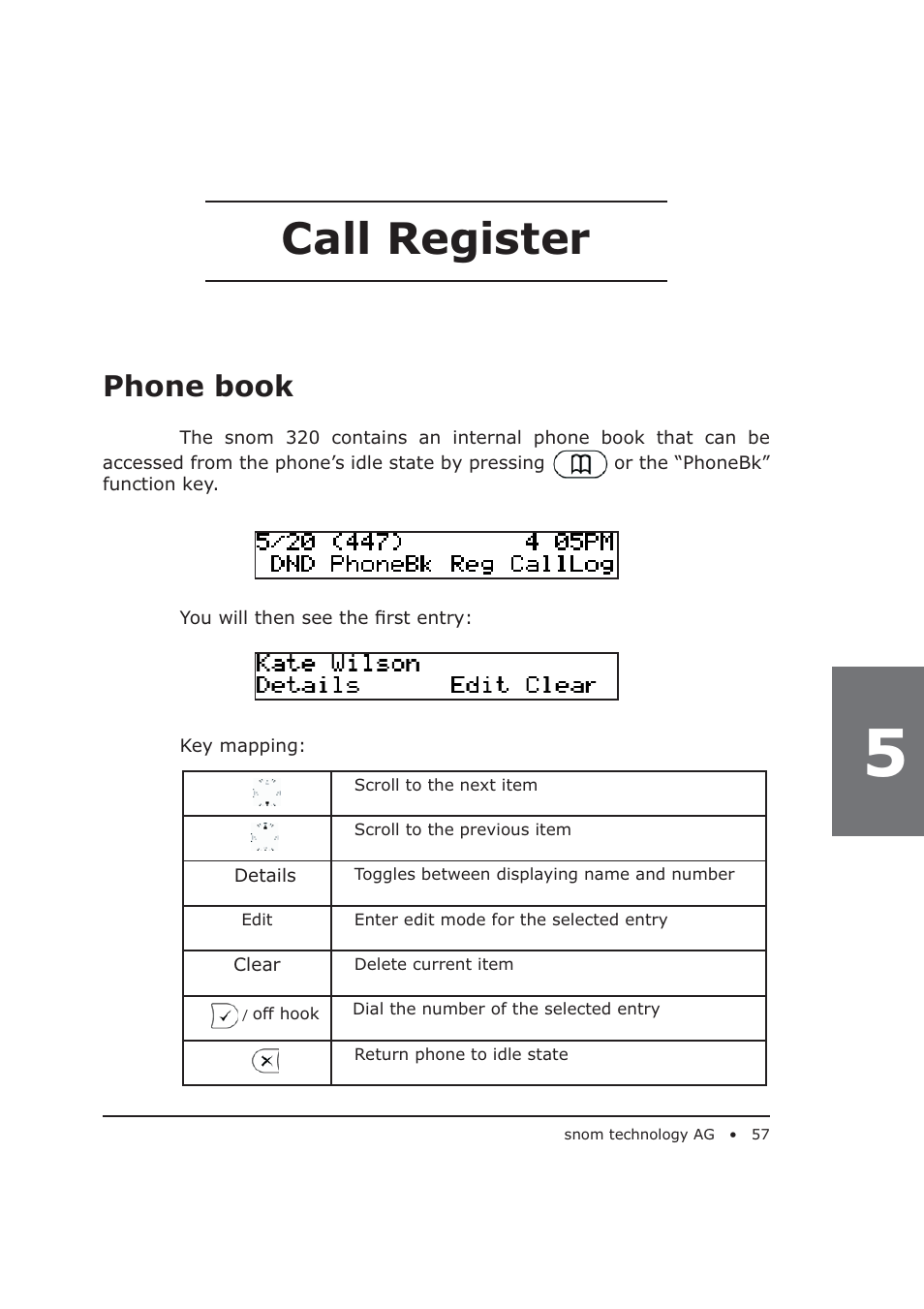 Call register, Phone book | Snom 320 User Manual | Page 57 / 108