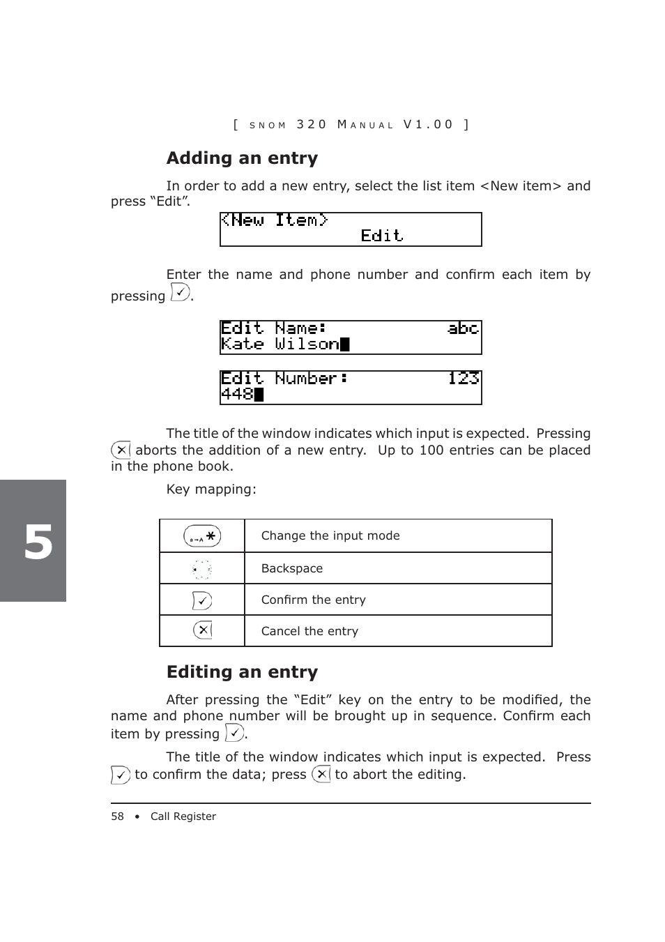 Adding an entry, Editing an entry | Snom 320 User Manual | Page 58 / 108