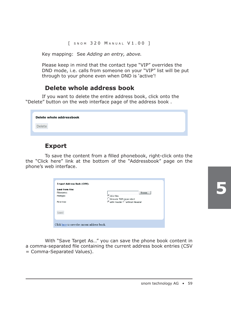 Delete whole address book, Export | Snom 320 User Manual | Page 59 / 108