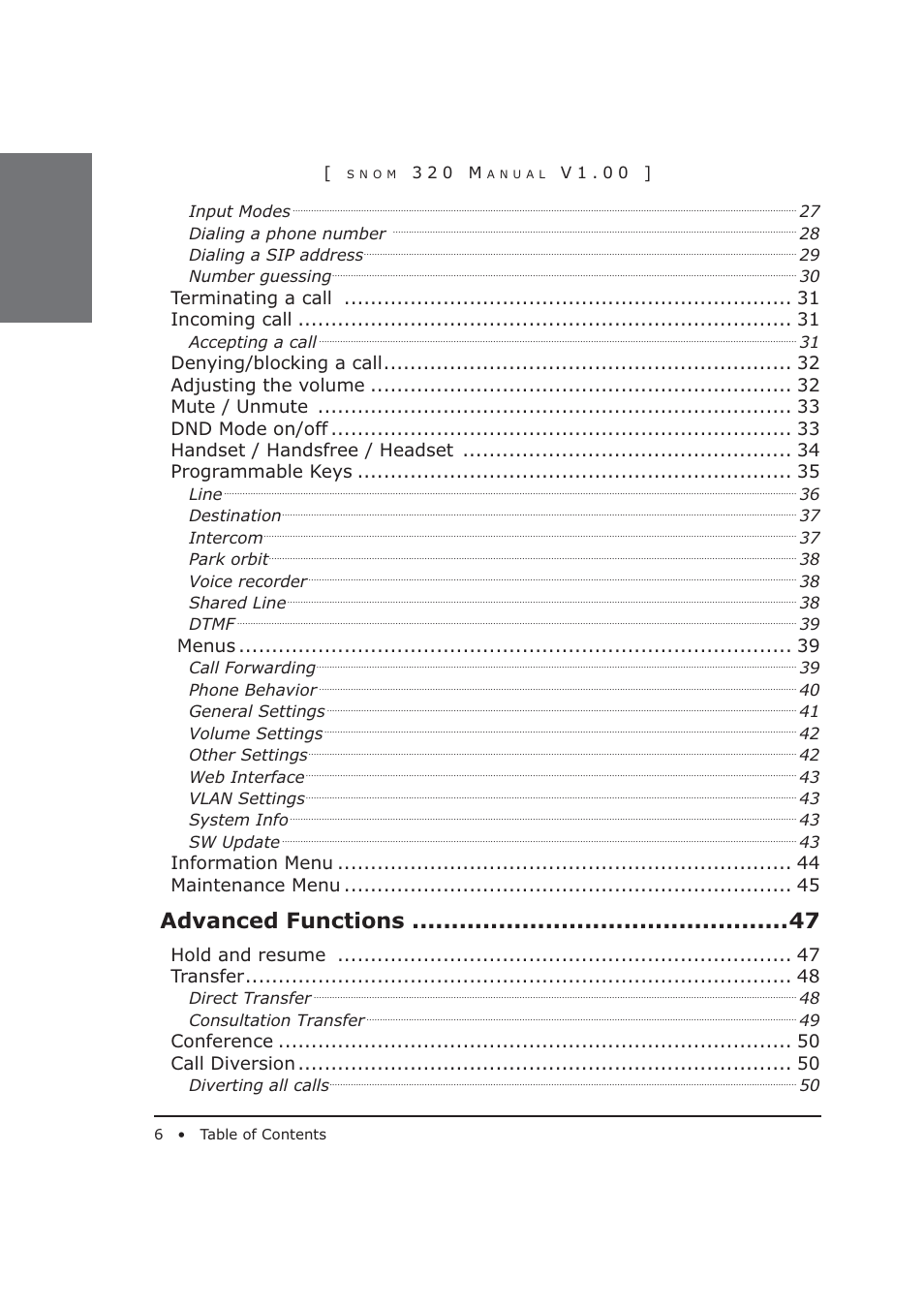 Advanced functions, Terminating a call incoming call, Menus | Information menu maintenance menu, Hold and resume transfer, Conference call diversion | Snom 320 User Manual | Page 6 / 108