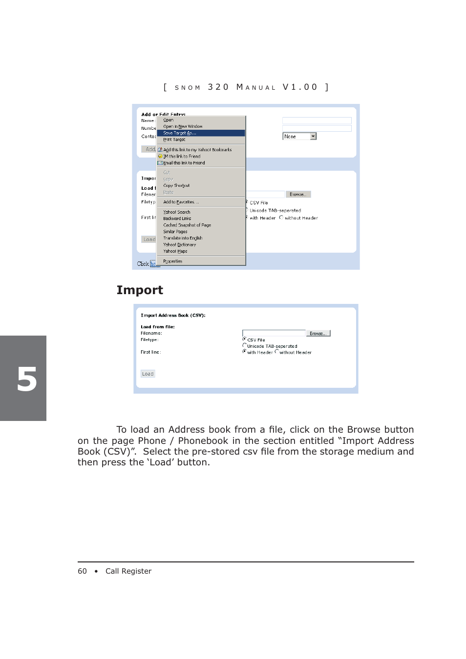 Import | Snom 320 User Manual | Page 60 / 108