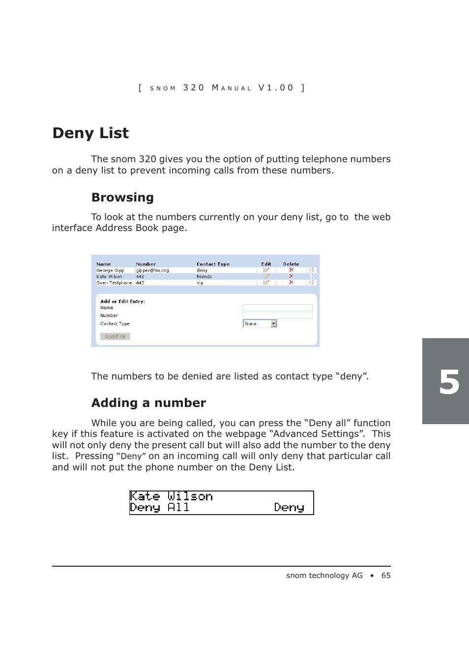 Deny list, Browsing, Adding a number | Snom 320 User Manual | Page 65 / 108